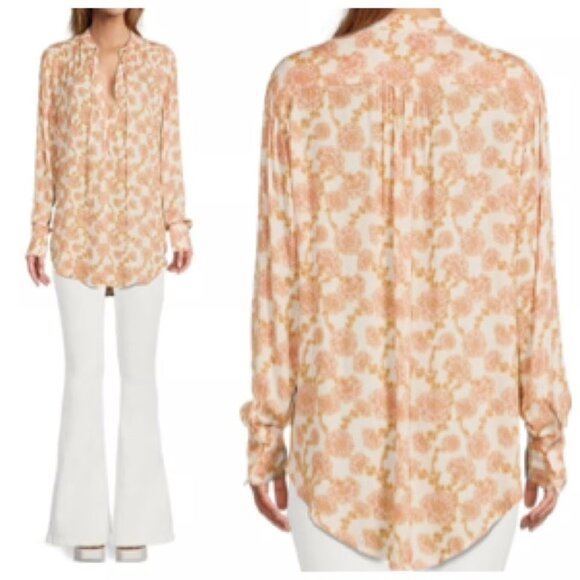 FREE PEOPLE Mia Tunic Top Sz M Pink Beige Floral VNeck Tie Front Viscose Woven - Picture 9 of 16